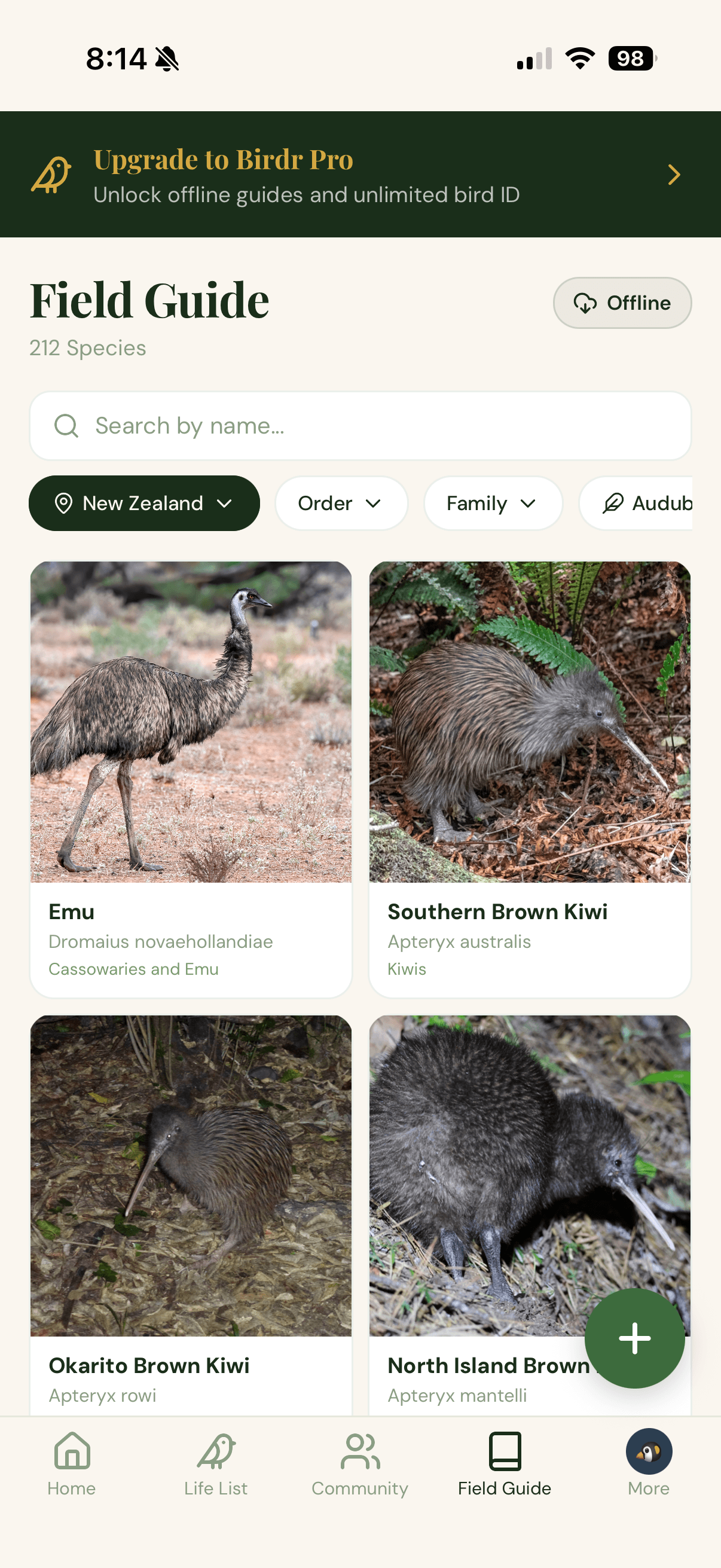 Birdr field guide screen