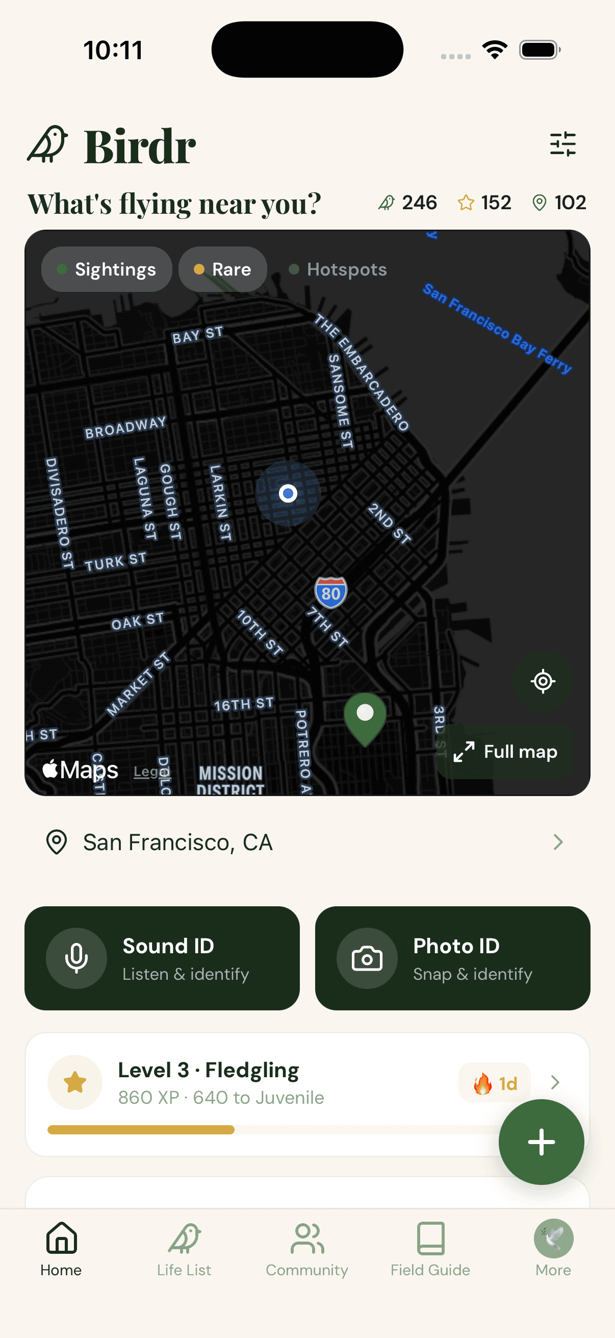 Birdr iOS app showing nearby sightings
