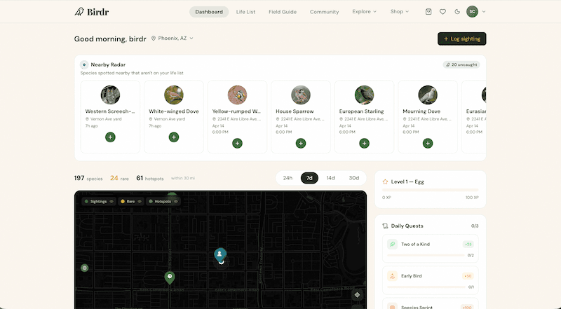 Birdr web app dashboard