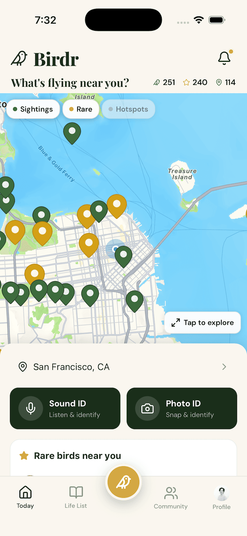 Birdr iOS app showing a sightings map with nearby birds in San Francisco